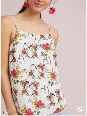 Anthropologie Maeve Beloved Silk Cami Heart Rose Floral Print Top Size 4